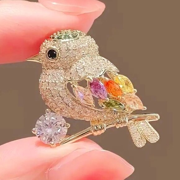 Bird Rhinestone Brooch Flower Branch Pin Stylish Sparkle Glam Colorful Gold Tone - Picture 1 of 5
